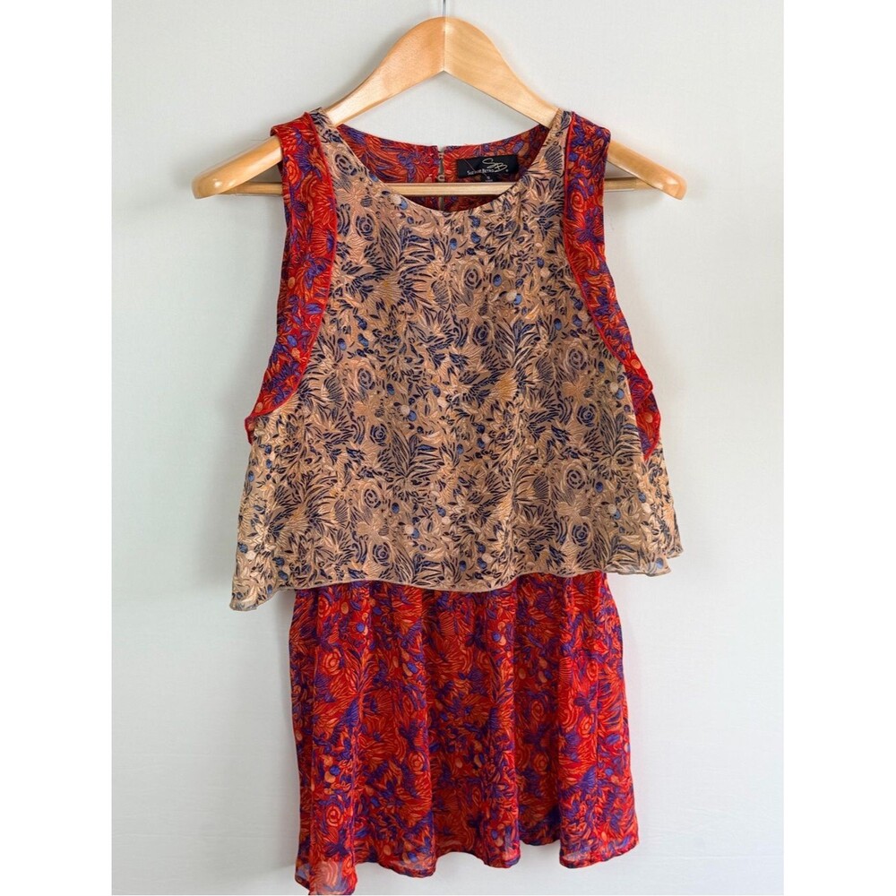 Suzanne Betro Layered Floral Tank Top Small Coral Blue Sleeveless Boho